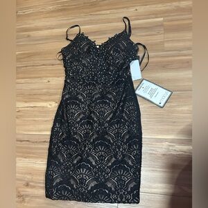 City Studio Black Sheath Midi Dress Spaghetti Strap Lace NWT Size 1